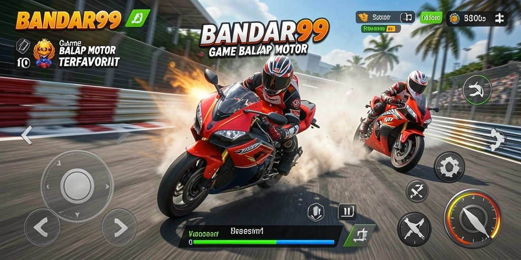Tampilan screenshot utama BANDAR99 dengan aksi balapan motor yang seru.