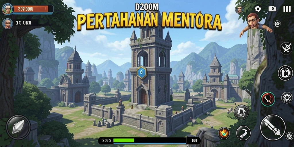 Tampilan menara dan musuh dalam permainan Tower Defense yang seru.