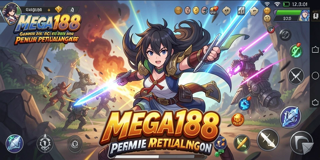 Tampilan gameplay MEGA188 dengan karakter anime yang beraksi.