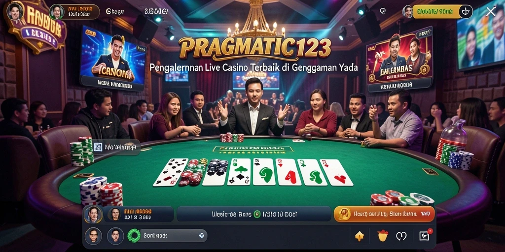 Screenshot gameplay PRAGMATIC123 menampilkan dealer profesional dan suasana Live Casino yang mengasyikkan.